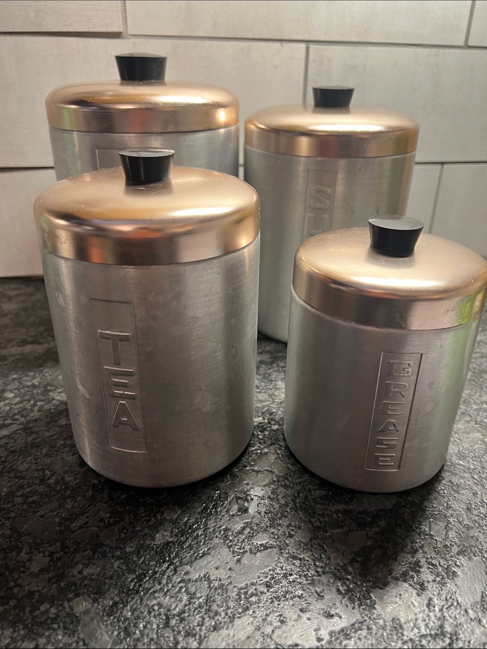 Vintage Aluminum Canister Set Silver and Gold Tones. Flour, Sugar, Tea & Grease